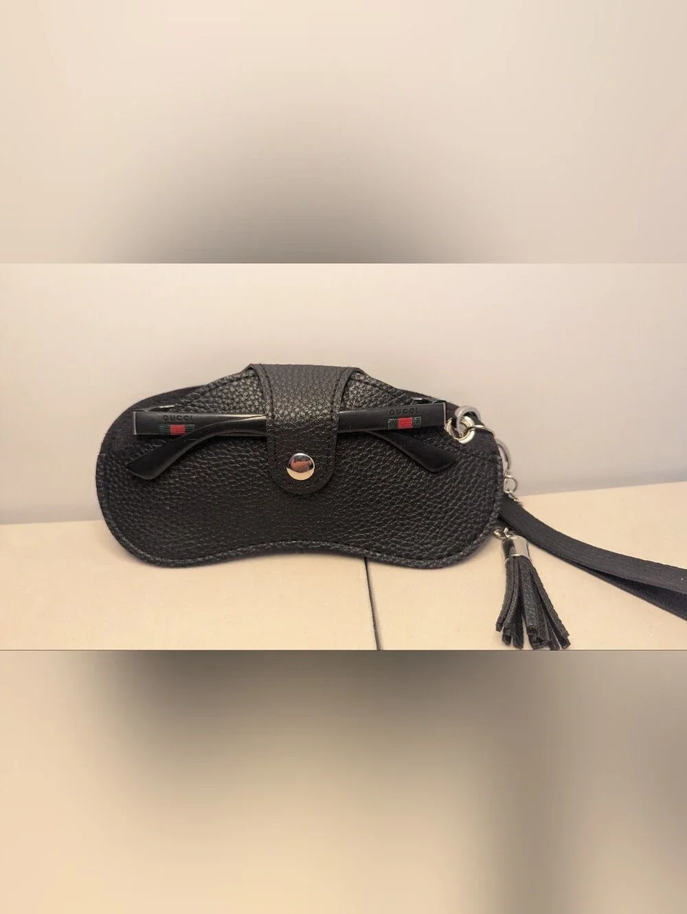 Black Sunglasses Case/Keeper Keychain with Tassel R061626-01